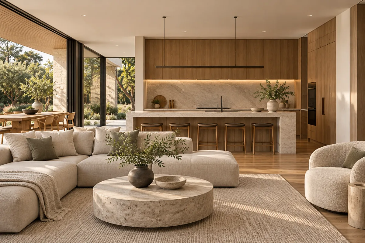 Open-plan living area with coordinated timber cabinetry and finishes