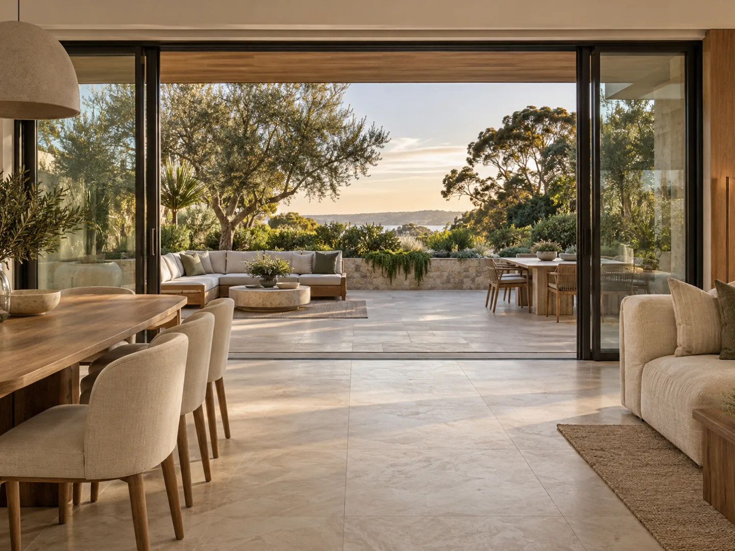 Residential dining space connecting to a landscaped outdoor area