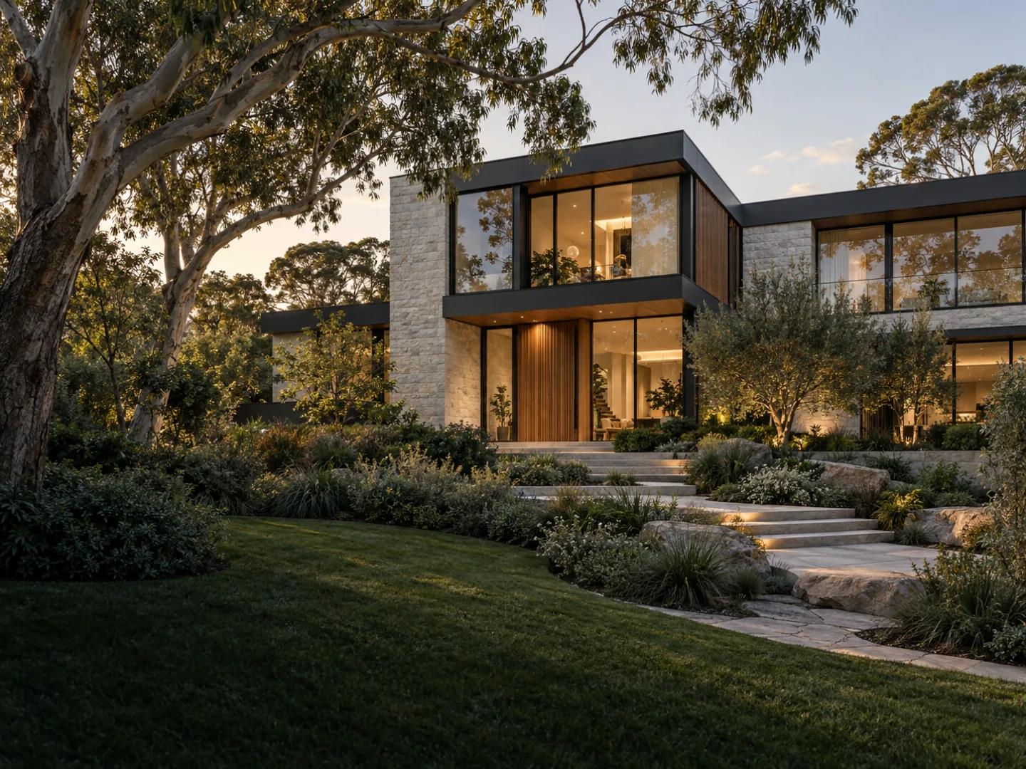 Contemporary luxury residence framed by mature trees and landscaped gardens